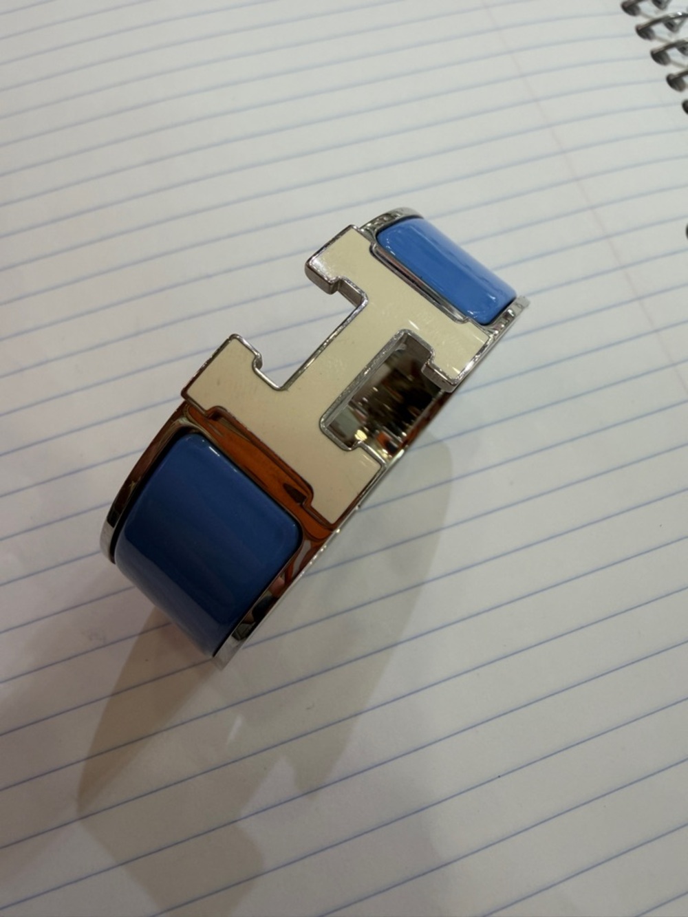 Hermes Silver-Tone Cuff with Blue Enamel H Accent
